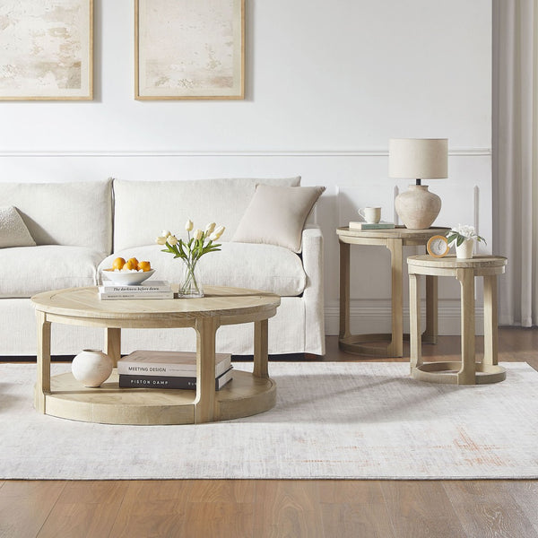 English Elm (1 Coffee Table+1 Side Table) Two-piece Pine Wood Round Set with Wheels Rustic Living Room Oak W2582S00195