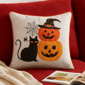 English Elm Halloween Black Cat & Pumpkin Stack Throw Pillow - Whimsical Home Decor For Spooky Seasonal Vibes B357P360663