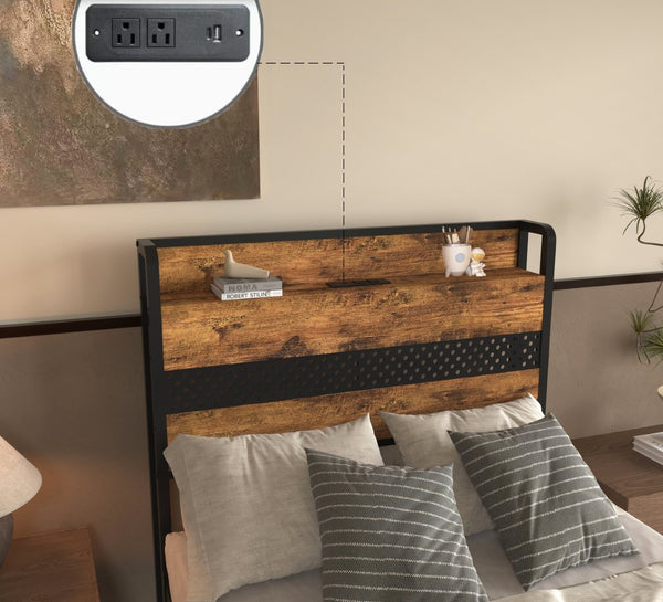 English Elm Twin Platform Bed Frame With Smart Storage Headboard, Built-In Charging & Led Lights For Small Spaces W2129P262896-GIGA