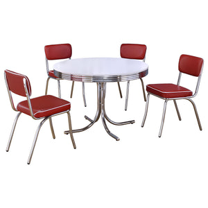 English Elm Parlisse Retro White 5-Piece Round Dining Set with Chrome Base, Leatherette Piping Chairs — Chic Vintage Appeal B062S00967
