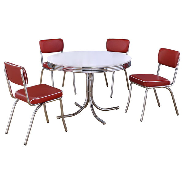 English Elm Parlisse Retro White 5-Piece Round Dining Set with Chrome Base, Leatherette Piping Chairs — Chic Vintage Appeal B062S00967
