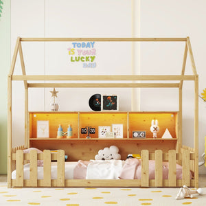 English Elm Twin House Bed with LED Light and Built-In Bookshelf, Solid Wood Playhouse Design for Kids Safety Natural 78.15 L x 15.75 W x 6.1 H W2593P269092