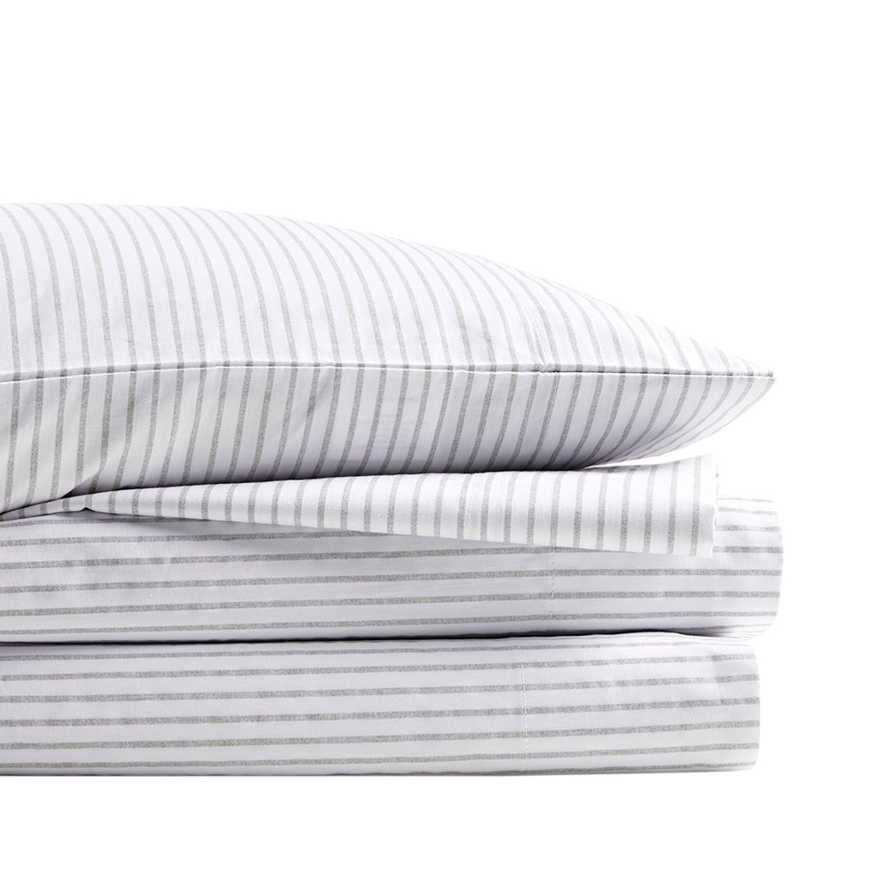 JLA Home Madison Park Essentials - Sheet 100% Cotton Percale Printed Set — Breathable, OEKO‑TEX Certified, Ultra‑Soft, Deep‑Pocket Fit Grey Stripe MPE20-1017