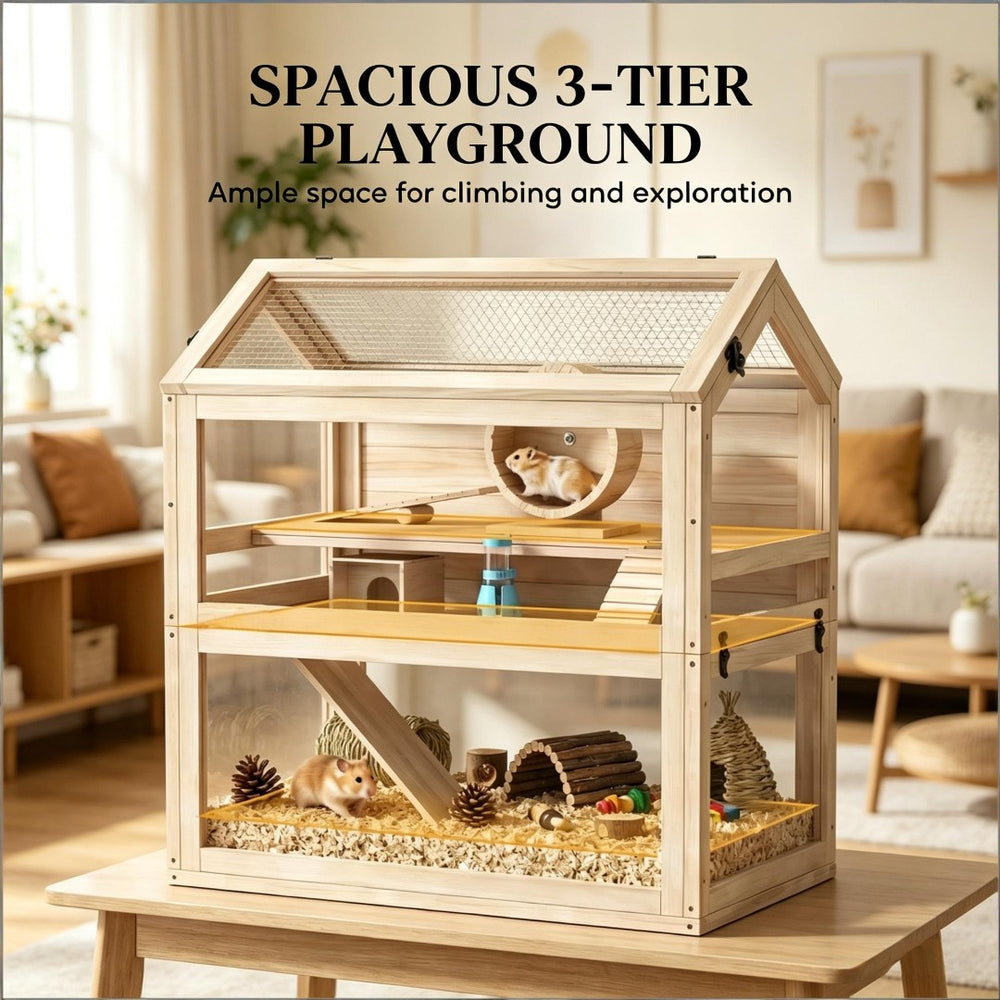 English Elm Spacious Three Tier Fir Wood Hamster Habitat with Acrylic Panels and Climbing Ramps T3971P502069