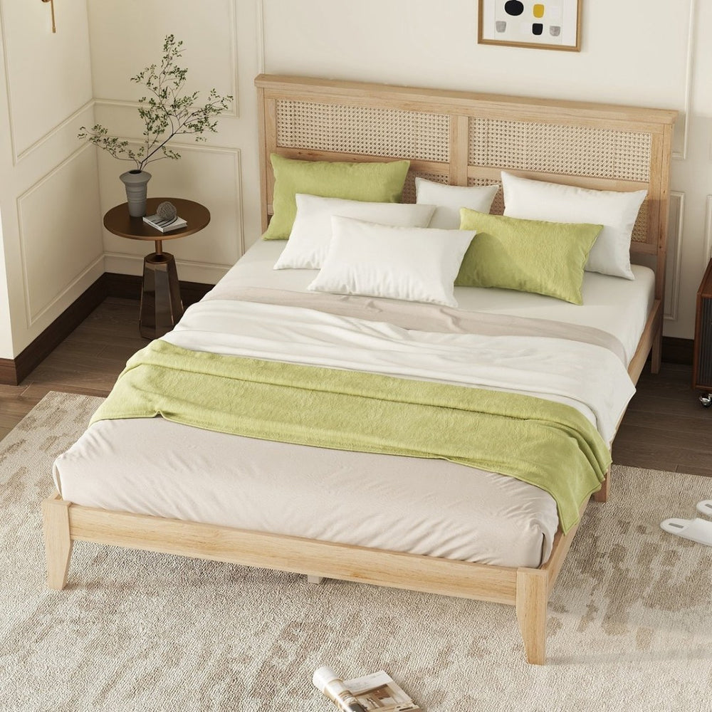 English Elm Queen Size Solid Rubberwood Bed With Rattan Headboard – Durable, Stylish & Space-Saving Design! W504P184305-GIGA