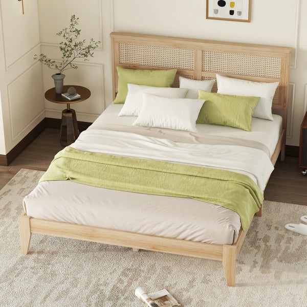 English Elm Queen Size Solid Rubberwood Bed With Rattan Headboard – Durable, Stylish & Space-Saving Design! W504P184305-GIGA