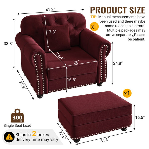 English Elm 41.3"upholstered Velvet Chesterfield Sofa Button Tufted with Nailhead Trim Reading Nook Burgundy W1885S00375