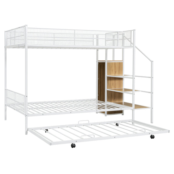 English Elm Twin Metal Bunk Bed with Trundle, Lateral Storage Ladder & Wardrobe | Space-Saving Durable Design White SF000173AAK