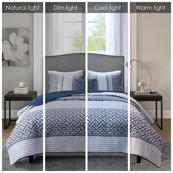 JLA Home Madison Park - 4 Jacquard Quilt Set with Shams and Throw Pillow — Reversible Woven Stripe, Neutral Luxe Quilted Texture 90 L x 90 W x 0.25H MP13-7395