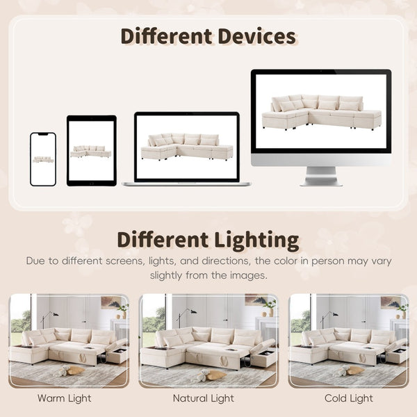 English Elm [video]107'' Chenille Sleeper Sectional with Usb Charging Storage Ottoman and Adjustable Armrest Beige N723S8782A