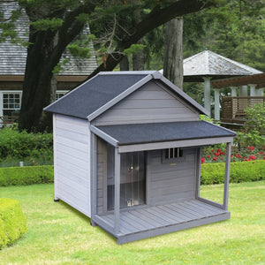 English Elm Large Breed Outdoor Doghouse Solid Fir Wood Covered Porch Weatherproof Asphalt Roof W1431S00011