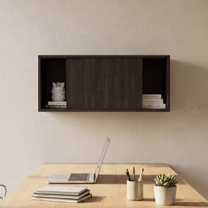English Elm Note Floating Wall Cabinet with Sliding Doors Slim Mounted Storage for Any Room Dark Walnut B070P462898