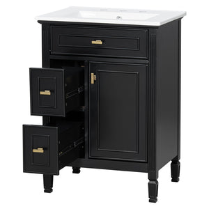 English Elm 24-Inch Bathroom Vanity with Sink, Solid Wood & MDF, Ceramic Top, Gold Handles, Flip Drawer Design Black N725P350824B