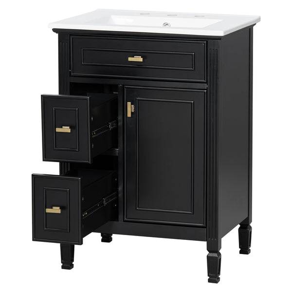 English Elm 24-Inch Bathroom Vanity with Sink, Solid Wood & MDF, Ceramic Top, Gold Handles, Flip Drawer Design Black N725P350824B