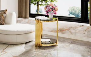 English Elm Modern Round Mirrored Glass End Table with Gold Metal Frame and Lower Display Shelf Black N735P380092B