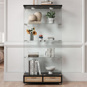English Elm Modern Glass Display Cabinet With Led Lights, 4 Shelves & Drawers - Stylish Furniture For Collectors W241S00057