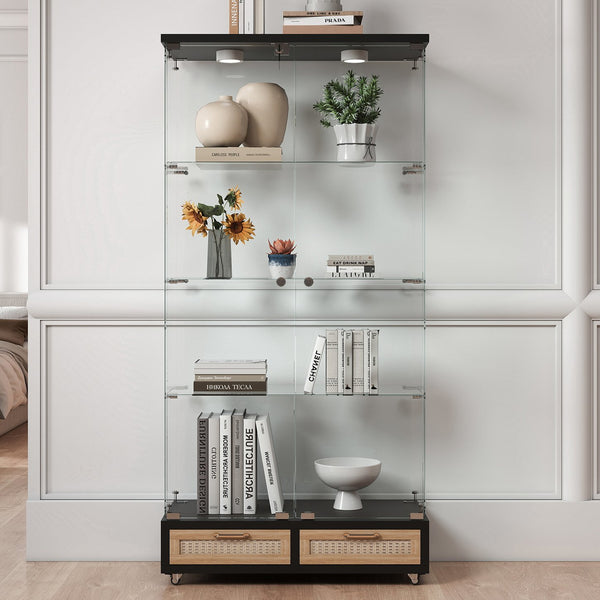 English Elm Modern Glass Display Cabinet With Led Lights, 4 Shelves & Drawers - Stylish Furniture For Collectors W241S00057