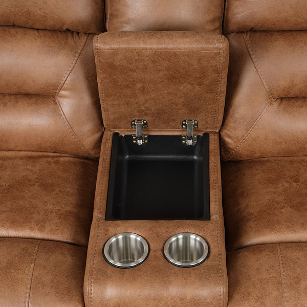 English Elm Contemporary Saddle Brown Leatherette 2pc Sectional Sofa with Console, Chaise Storage, 2 Recliners, Adjustable Backrest B2741S00322