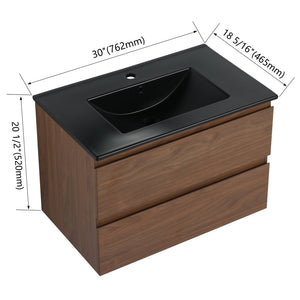 English Elm 30" Wall-Mounted Bathroom Vanity With Black Ceramic Sink & Soft-Close Drawers For Modern Spaces W999S00195