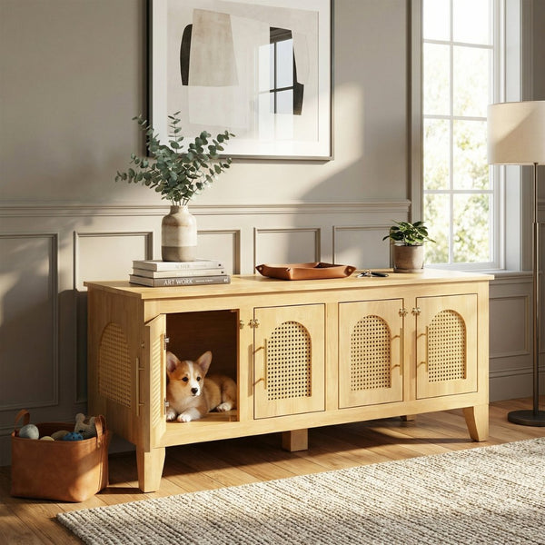 English Elm Lars Rubberwood Rattan Dog Crate Cabinet Stylish Pet Kennel for Living Room Natural N775P397560N