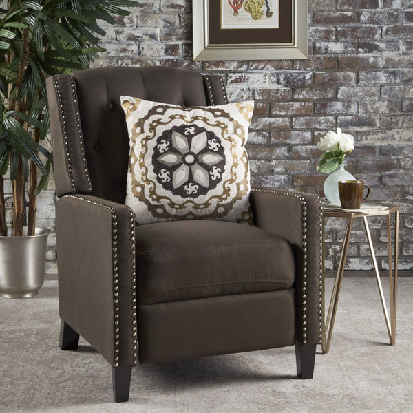 English Elm Classic Club Chair in Dark Grey Fabric with Birch Legs and Push Back Recline 61371.00COF