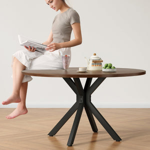 English Elm 47" Round Wood Dining Table Seats Six with Industrial Metal Base for Modern Homes T3623P433924