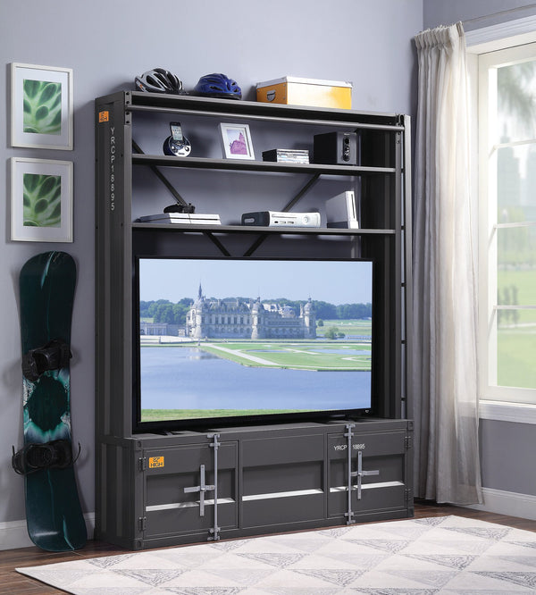 English Elm Cargo Gunmetal Industrial Bookcase w/Removable Ladder, 4 Open Compartments, 2 Doors, Metal Cargo Container Style Lock B2726P285840