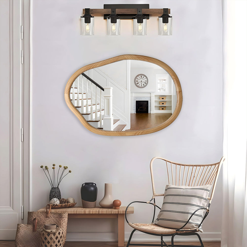 English Elm Irregular Asymmetrical Wall Mirror 32x22 Antique Natural Wood Frame Wavy Accent for Bright Modern Spaces W2295P290654