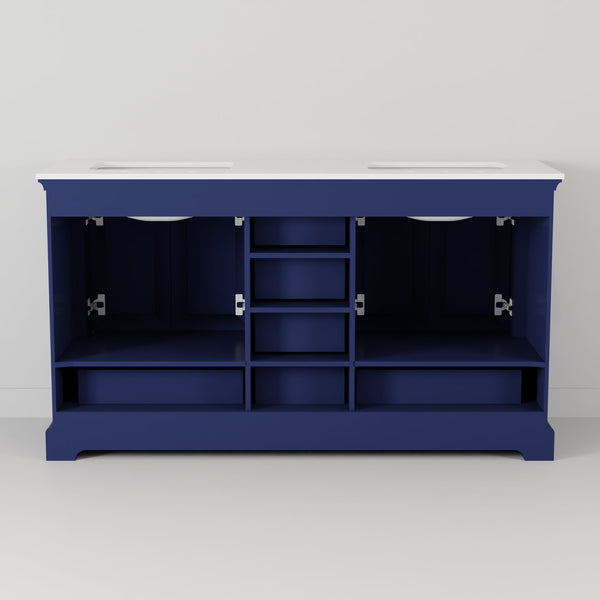 English Elm Navy Double Bath Vanity 60" W x 22" D with Carrara Marble Top, Chrome Faucet, Soft-Close Storage Elegance B2731P258380