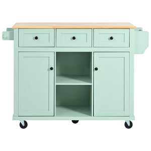 English Elm Kitchen Cart with Drop-Leaf Rubberwood Countertop, Rolling Island with Cabinet, Drawers & Racks for Dining Room - Stylish Durable Storage Solution Mint Green WF298028AAE