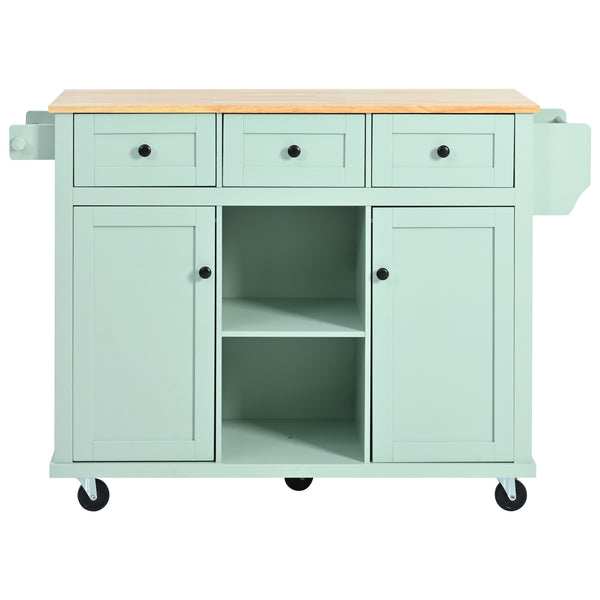 English Elm Kitchen Cart with Drop-Leaf Rubberwood Countertop, Rolling Island with Cabinet, Drawers & Racks for Dining Room - Stylish Durable Storage Solution Mint Green WF298028AAE