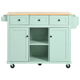 English Elm Kitchen Cart With Rubber Wood Drop-Leaf Countertop ,Cabinet Door Internal Storage Racks,Kitchen Island On 5 Wheels With Storage Cabinet and 3 Drawers For Dinning Room, Mint Green