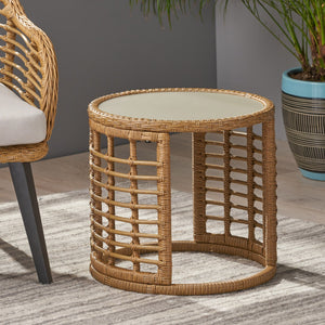 English Elm Christopher Knight Home® - TATIANA Side Table Rattan Accent with Sleek Round Profile, Durable Woven Texture, Compact Design Light Brown 66027.00LBRN