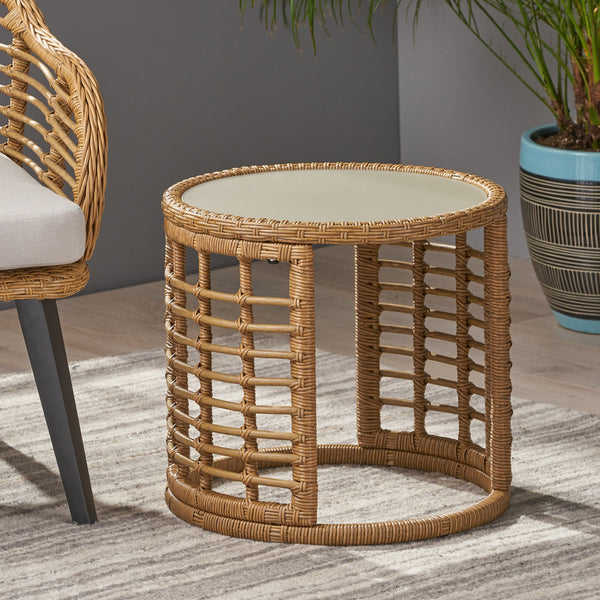 English Elm Christopher Knight Home® - TATIANA Side Table Rattan Accent with Sleek Round Profile, Durable Woven Texture, Compact Design Light Brown 66027.00LBRN
