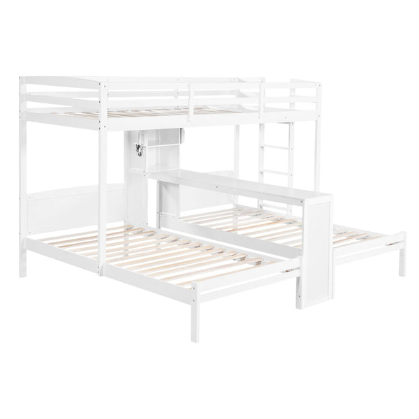 English Elm Twin Triple Bunk Bed with Built in Desk Open Shelving and Led Task Lighting White N7090002243K