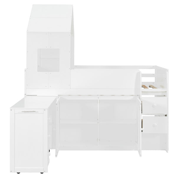 English Elm Twin House Loft Bed with Pull Out Rolling Desk Stair Drawers and Cabinet Storage White N820S00072K