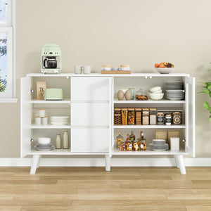 English Elm Farmhouse Buffet Cabinet with Pop-Up Doors and 3 Drawers — Rustic 55.5" Sideboard for Dining Room White T3623P408444