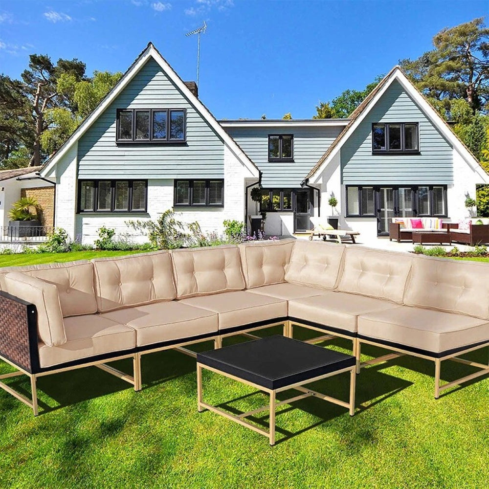 English Elm 7-piece Outdoor Modular Sectional with Rust-resistant Frame and Tempered Glass Table T5880S00014