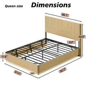 English Elm Queen Bed Frame with Led Lighting Curved Groove Panels and Floating Base Modern Bedroom Oak W1820S00050