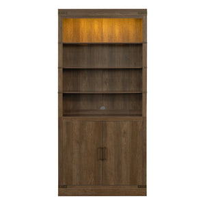English Elm 83.4"Tall Modern Bookshelf with Doors Walnut, LED Accent Lighting, 3 Adjustable Shelves, Storage Cabinet N751S346154W