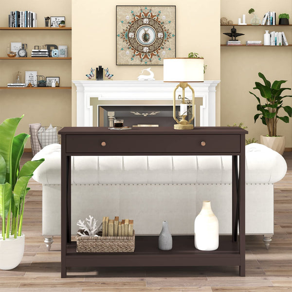 English Elm Console Farmhouse Console Table with Drawer and Open Shelves for Entryway Living Room Storage Espresso T3771P356449