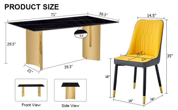 English Elm Table With Glass Top & Gold Stainless Steel Legs, 6 Orange & Dark Gray Pu Dining Chairs Set W1151S04340-GIGA