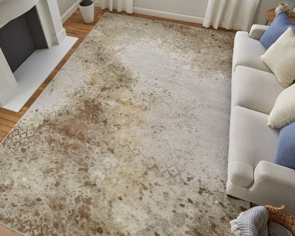 Feizy Rugs Waldor Modern Abstract Distressed Rug - Elegant High-low Pile Design In Gold, Ivory, And Gray Hues Brown,Tan,Ivory Polypropylene,Polyester 73539ncfivygldh13