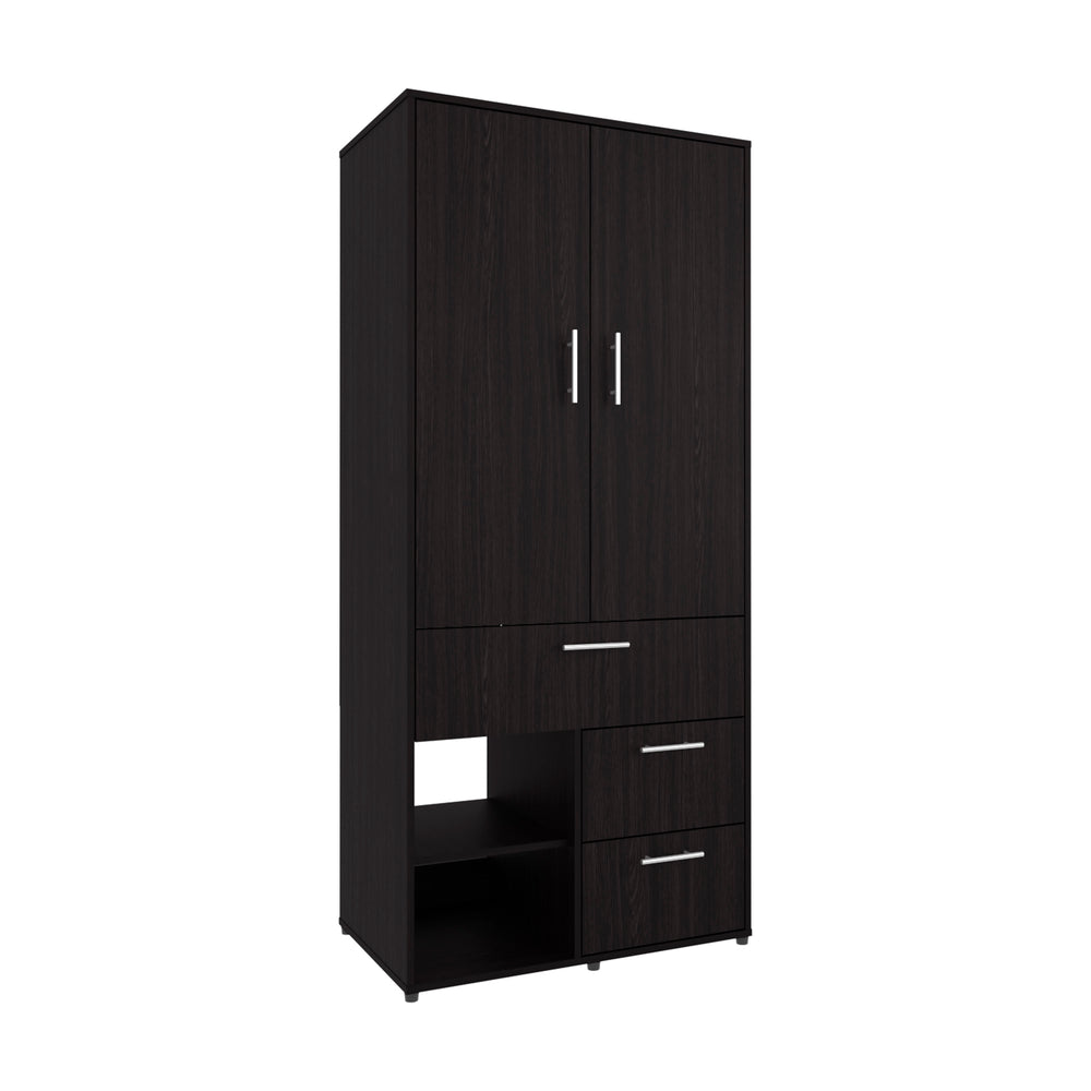 English Elm Alpine Tall Armoire in Kronos Wengue with Double Doors, Shelves & Hanging Rod — Space-Saving Elegance B200S00437