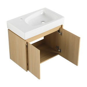 English Elm 24 Inch Bathroom Vanity Floating Ceramic Basin Sink Combo with Double-Door Wall-Mounted Storage Cabinet Durable Engineered Wood Modern Design Oak W1972P190341