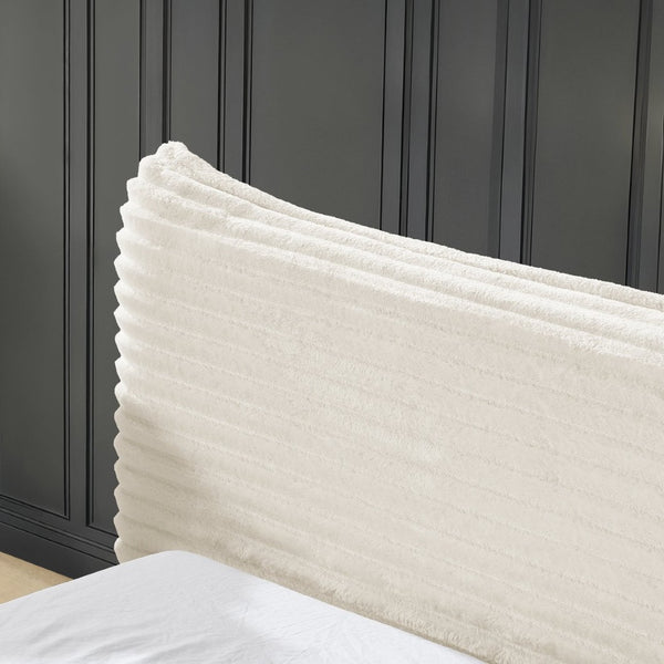 English Elm Queen Upholstered Platform Bed In Luxurious Beige Velvet With Curved Headboard - No Box Spring Needed! W487S00339-GIGA