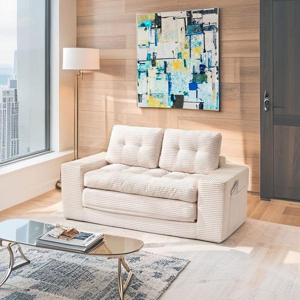 English Elm Loveseat Sofa Bed – Memory Foam Comfort, Convertible 2-In-1 Design, No Assembly, Corduroy Fabric Couch For Small Spaces And Guest Rooms (Beige) W2959P379135