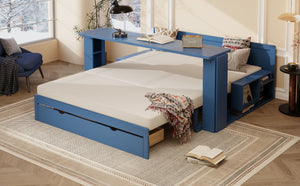 English Elm Queen Daybed with Hydraulic Desk Storage Drawers and Convertible Sofa for Small Spaces Blue LT000272AAC