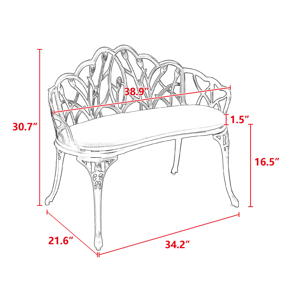English Elm Tulip Cast Aluminum Patio Bench with Floral Backrest, Rust‑Resistant Outdoor Garden Seating, Ergonomic Comfort White W640P250987
