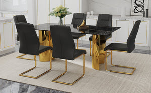 English Elm Table Modern Dining Set With Glass Top, Imitation Marble Finish, 6 Black Pu Chairs & Gold Legs W1151S04328-GIGA